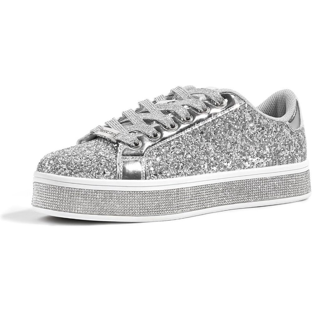 Women's Silver Platform Glitter Sparkly Bling Shiny Dressy Bedazzled Sneakers